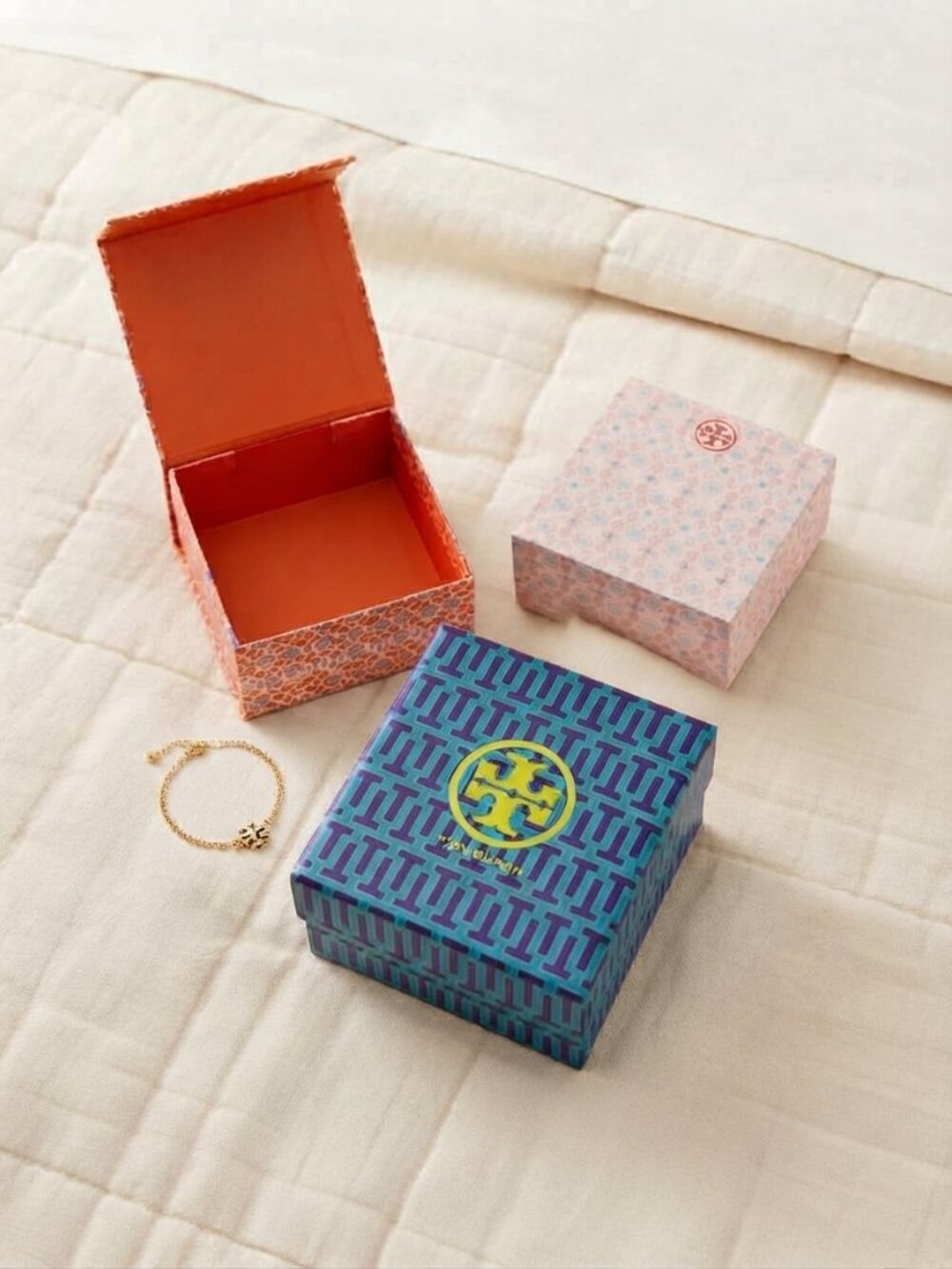 Tory Burch Designer Gift Boxes Set – Vibrant Geometric, Pink & Signature Orange